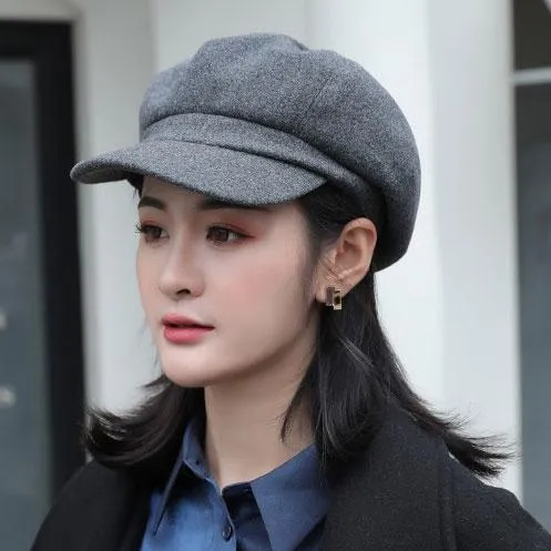 Winter Wool Beret Hat Women Solid Cabbie Visor Newsboy Cap
