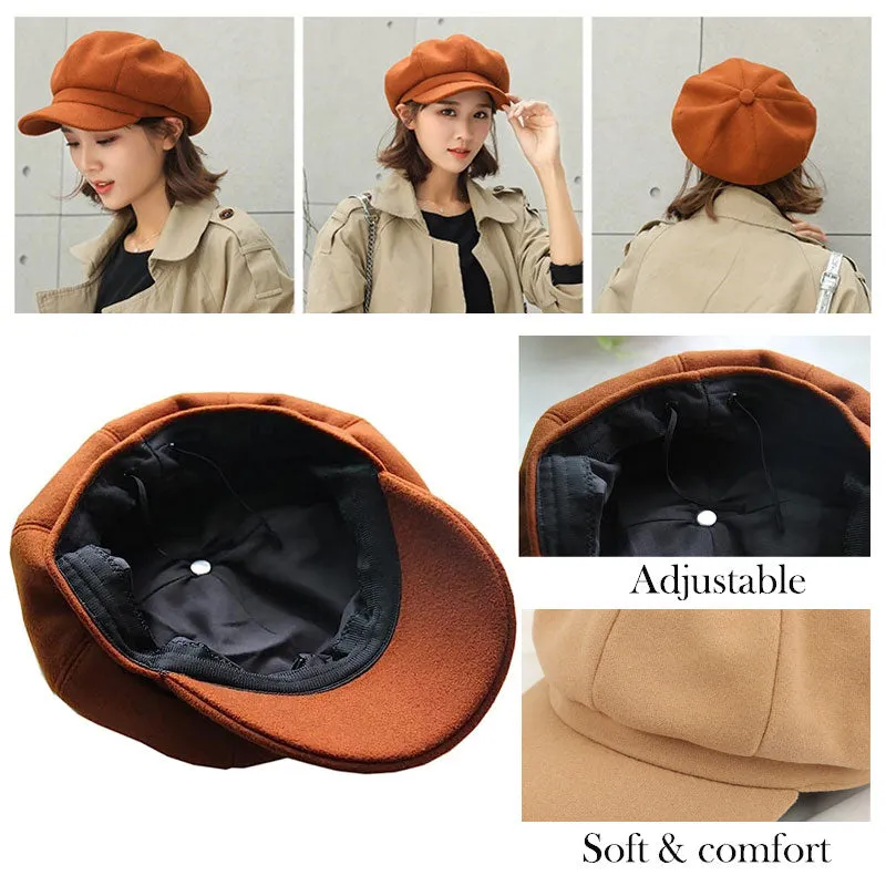 Winter Wool Beret Hat Women Solid Cabbie Visor Newsboy Cap