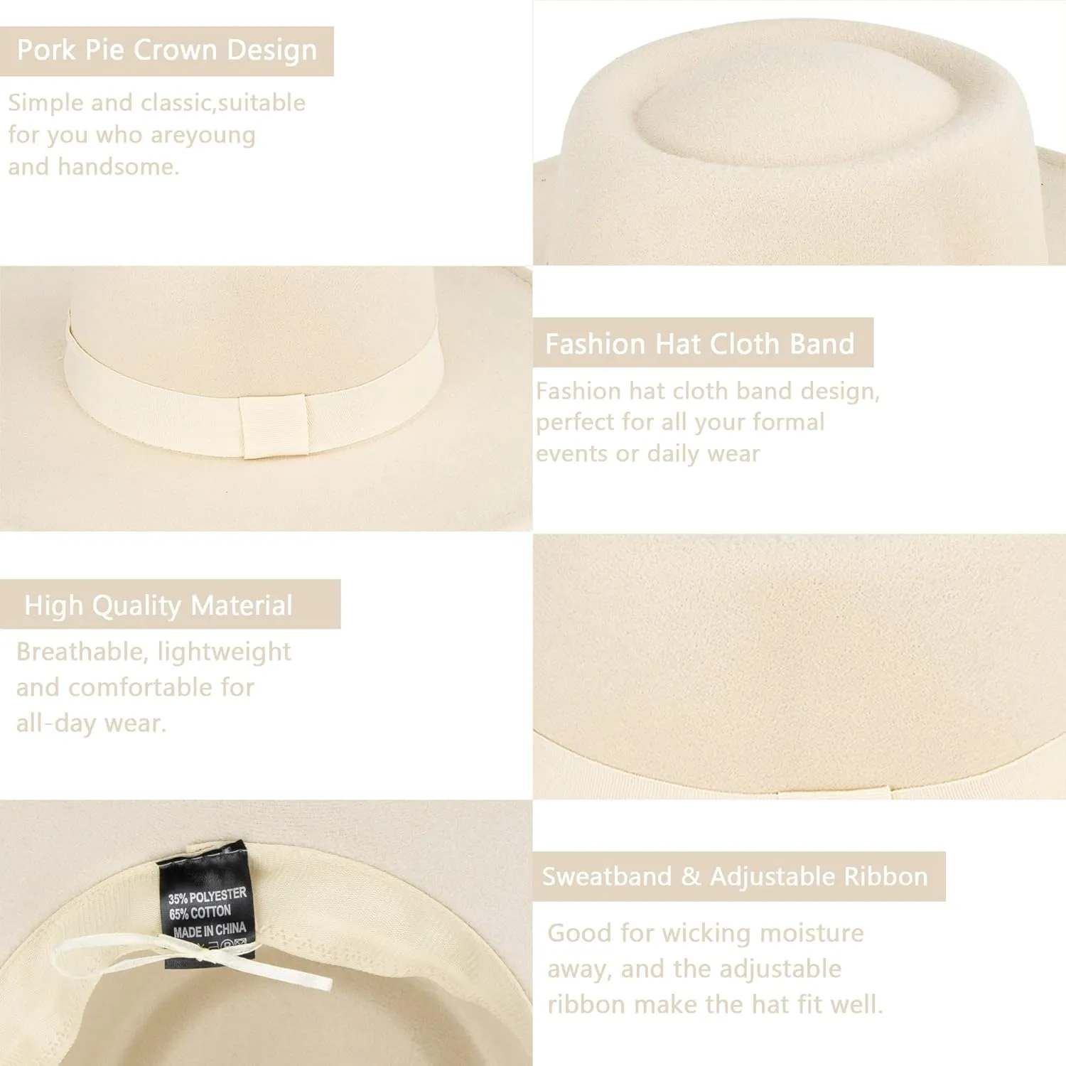 Women Men Classic Felt Fedora Hat Wide Brim Flat Top Boater Hat(Size:M)