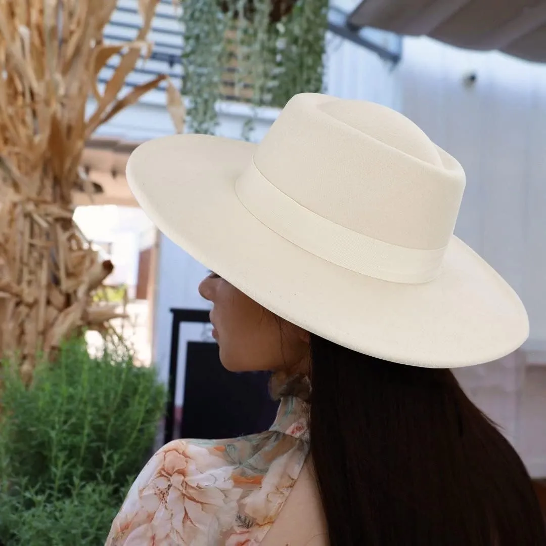 Women Men Classic Felt Fedora Hat Wide Brim Flat Top Boater Hat(Size:M)
