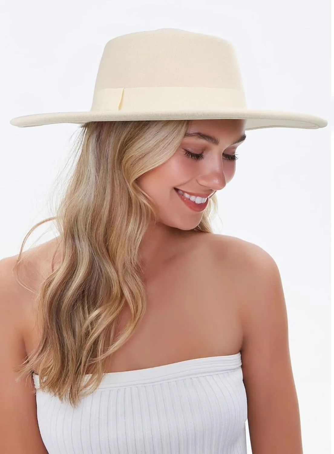 Women Men Classic Felt Fedora Hat Wide Brim Flat Top Boater Hat(Size:M)