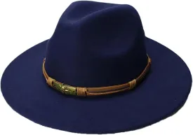 Women Men Leather Band Vintage Wool Wide Brim Cap Panama Jazz Bowler Fedora Hat Navy