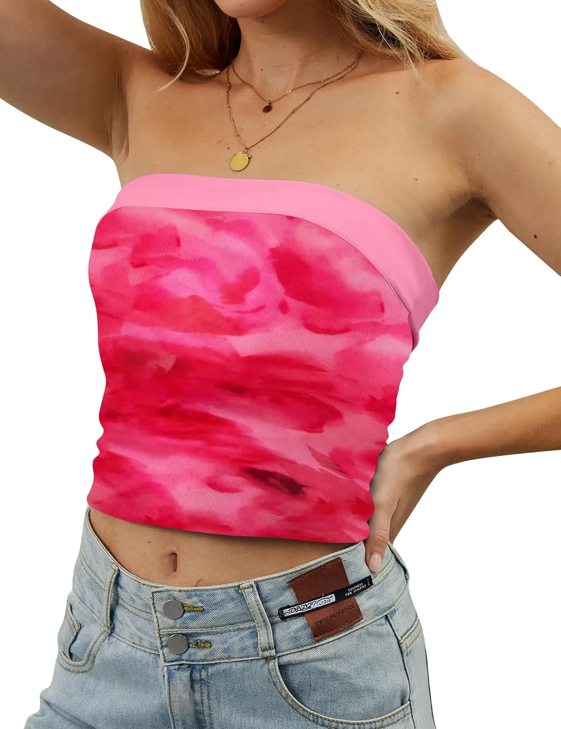 Women Strapless Reversible Foldover Tube Top Y2K Floral Print Graphic Crop Bandeau Tops Sleeveless Slim Fit Shirt