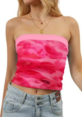 Women Strapless Reversible Foldover Tube Top Y2K Floral Print Graphic Crop Bandeau Tops Sleeveless Slim Fit Shirt