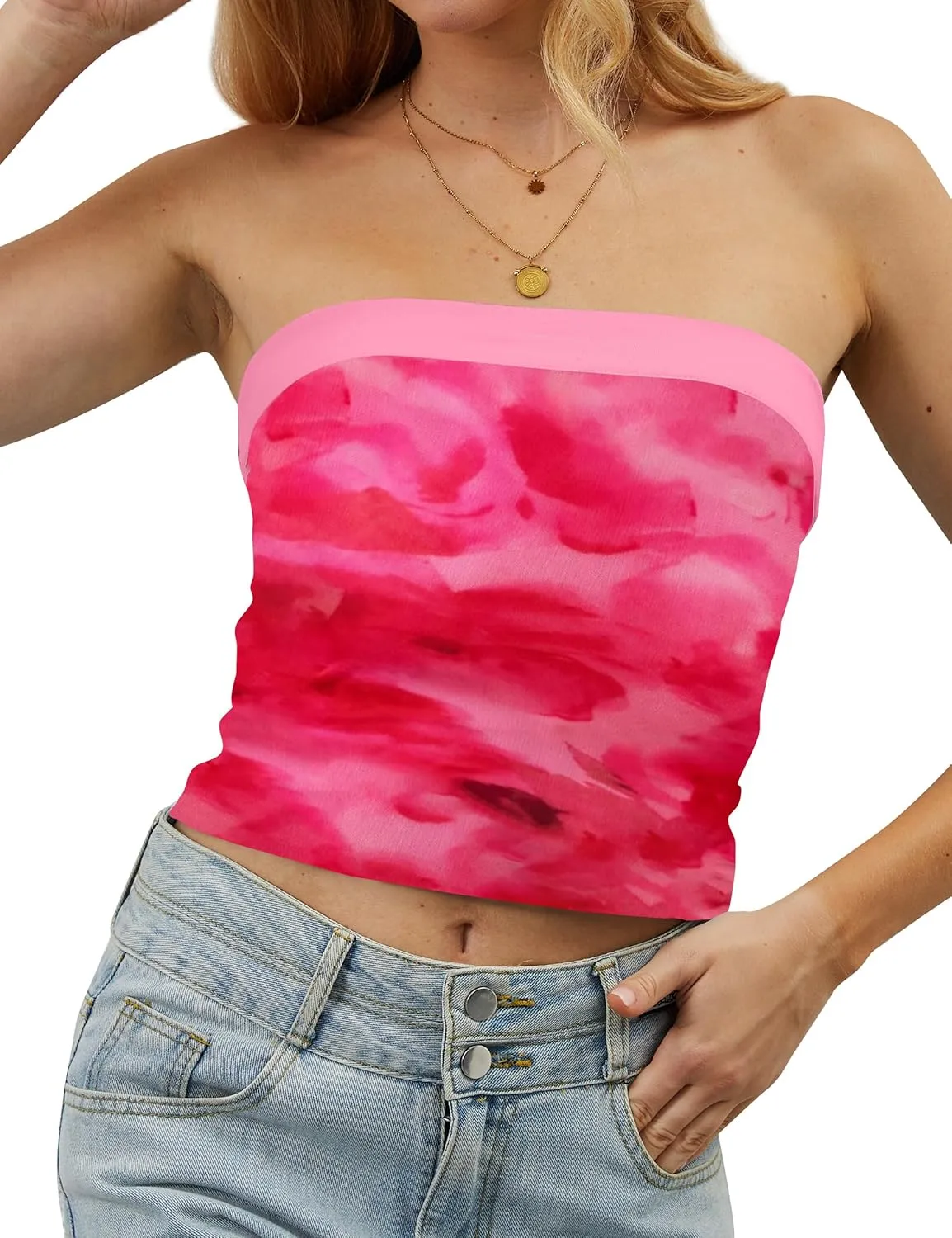 Women Strapless Reversible Foldover Tube Top Y2K Floral Print Graphic Crop Bandeau Tops Sleeveless Slim Fit Shirt