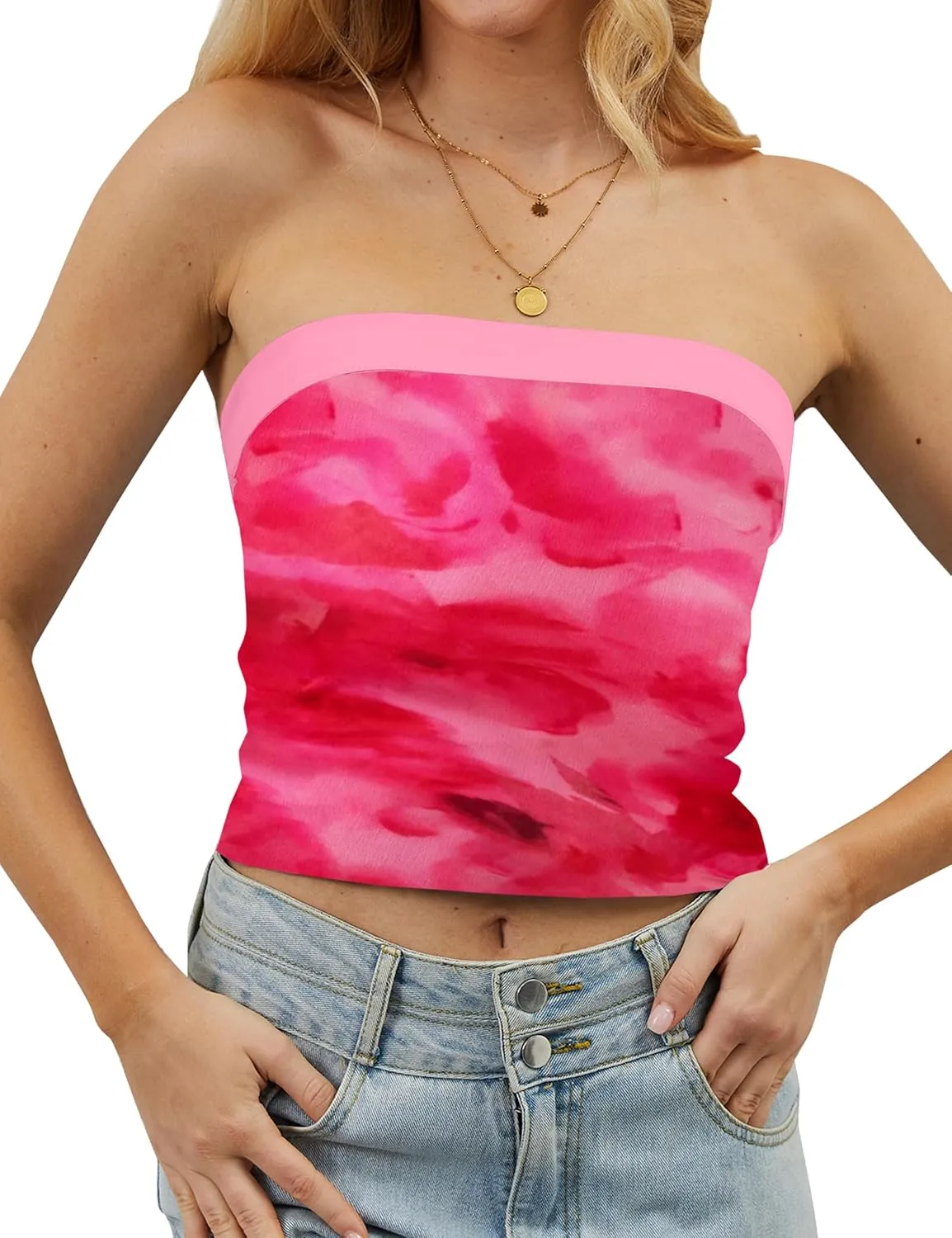 Women Strapless Reversible Foldover Tube Top Y2K Floral Print Graphic Crop Bandeau Tops Sleeveless Slim Fit Shirt