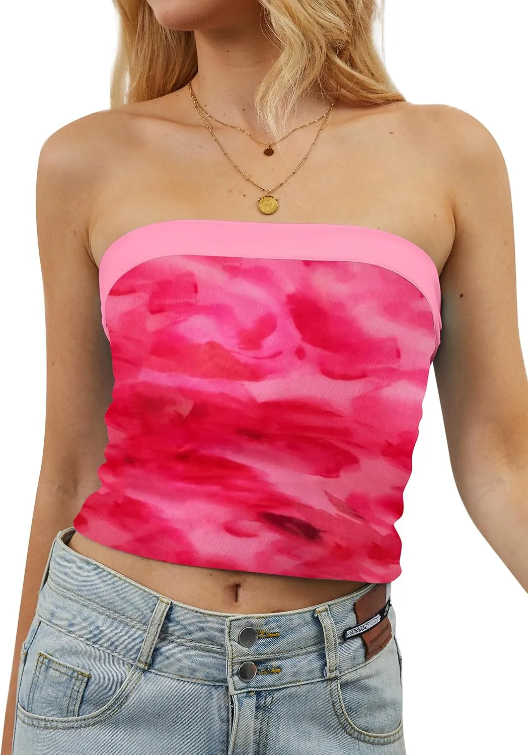 Women Strapless Reversible Foldover Tube Top Y2K Floral Print Graphic Crop Bandeau Tops Sleeveless Slim Fit Shirt