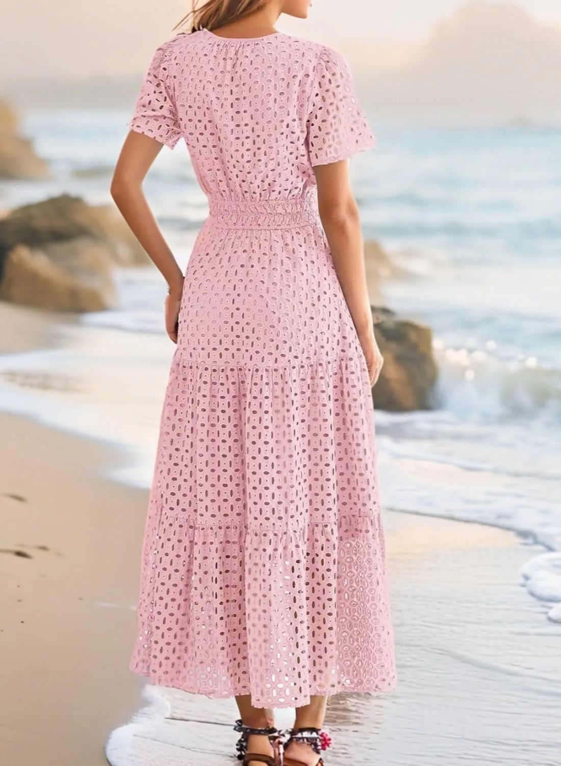 Womens Dresses Short Sleeve V Neck Long Beach Summer Aline Swing Flowy Dress with Pockets Casual Sundress