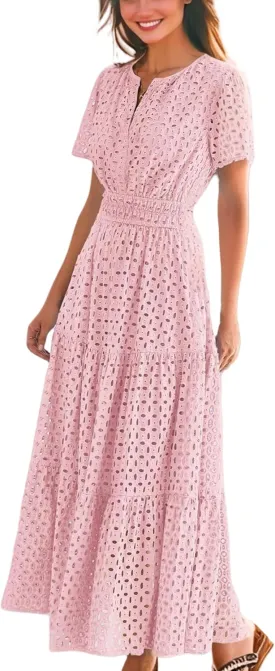 Womens Dresses Short Sleeve V Neck Long Beach Summer Aline Swing Flowy Dress with Pockets Casual Sundress