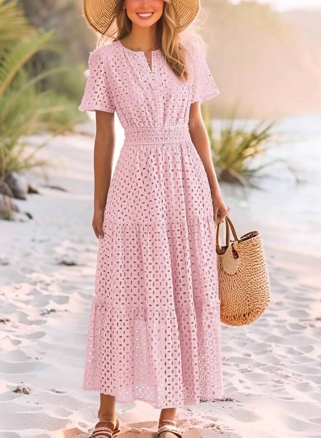 Womens Dresses Short Sleeve V Neck Long Beach Summer Aline Swing Flowy Dress with Pockets Casual Sundress