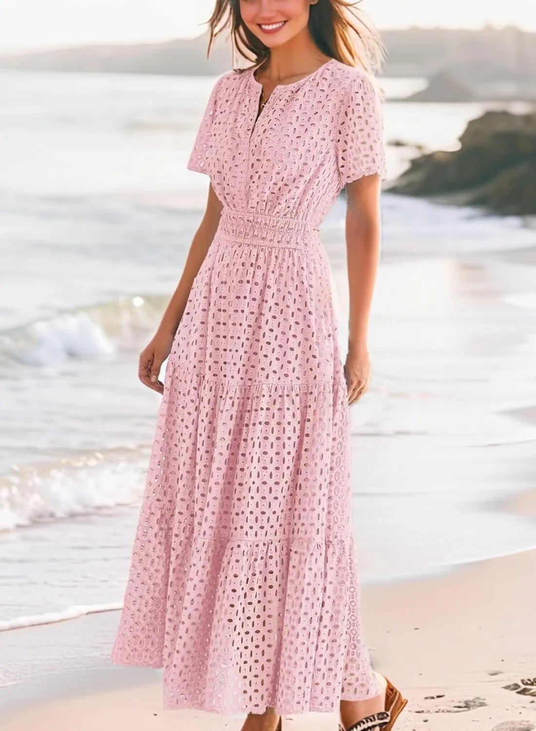 Womens Dresses Short Sleeve V Neck Long Beach Summer Aline Swing Flowy Dress with Pockets Casual Sundress
