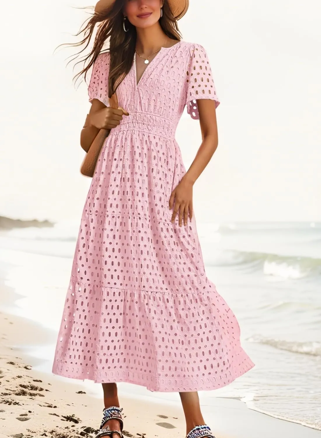 Womens Dresses Short Sleeve V Neck Long Beach Summer Aline Swing Flowy Dress with Pockets Casual Sundress