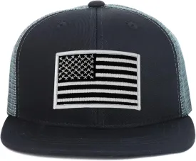 Youth Kid's Black White American Flag Patch Flat Bill Snapback Trucker Cap