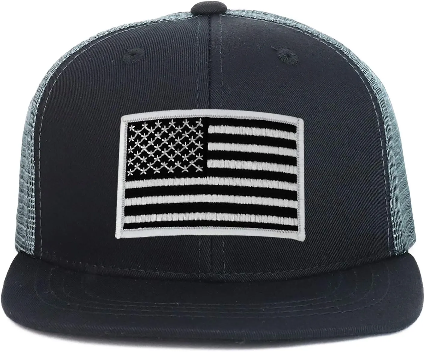 Youth Kid's Black White American Flag Patch Flat Bill Snapback Trucker Cap